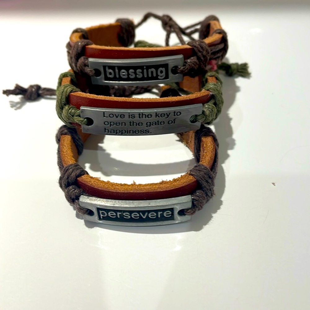 3 precious leather bracelets with inspirational words. All genders